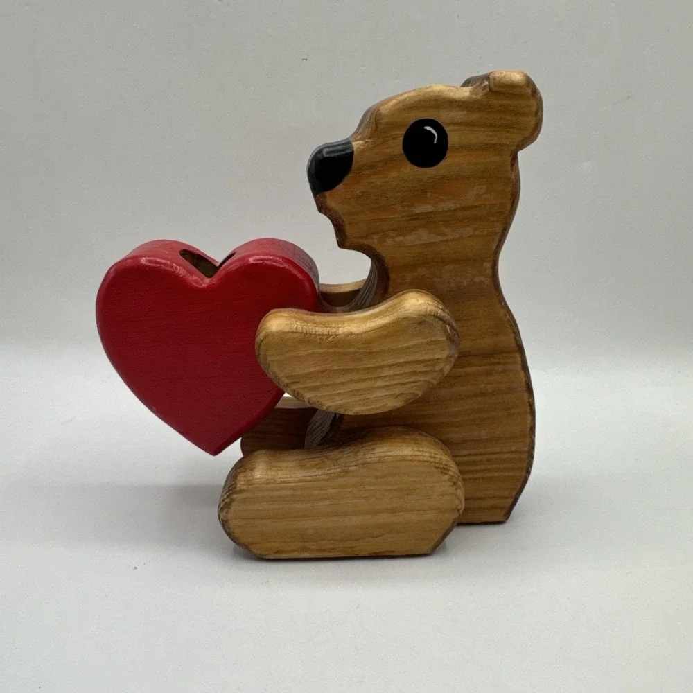 Vintage Wood Wooden Pencil Pen Desk Organizer Holder & Note Holder Handmade Bear